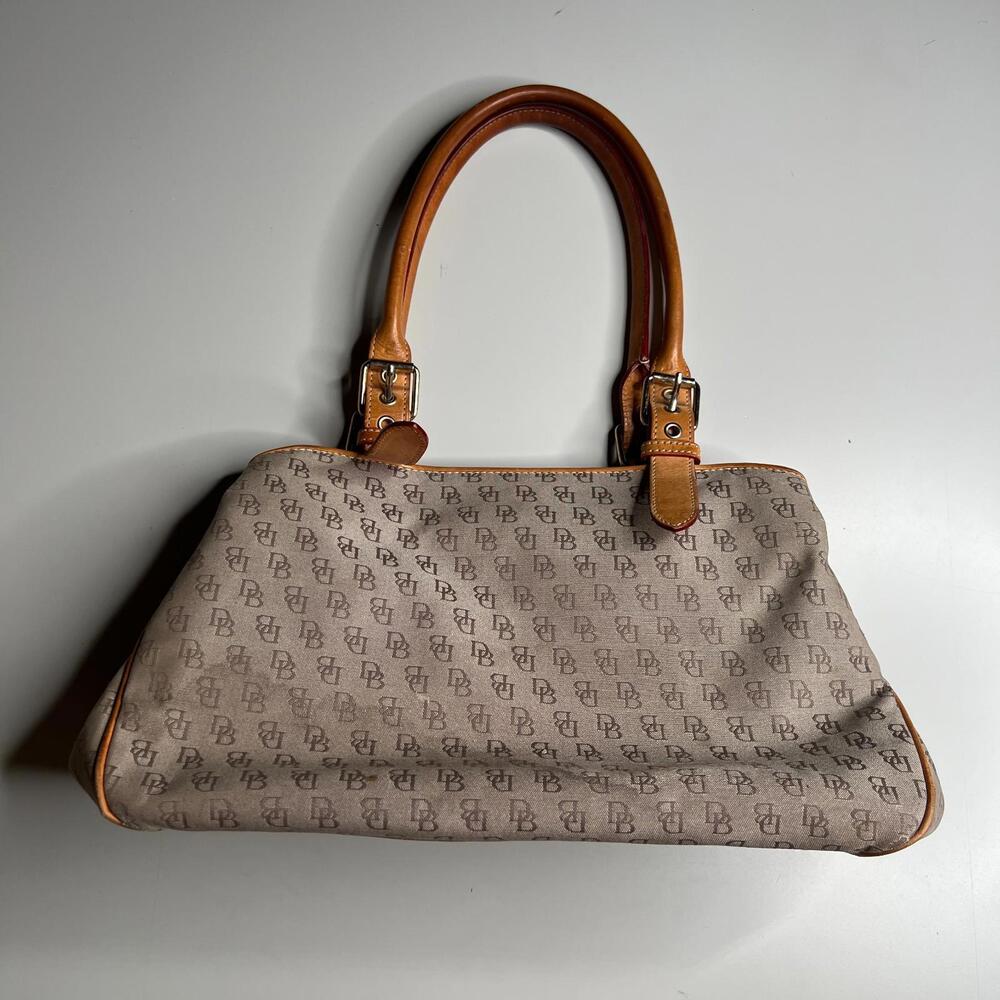 Dooney & Bourke Monogram Canvas Satchel Tote Bag Brown Tan Leather Trim Shoulder